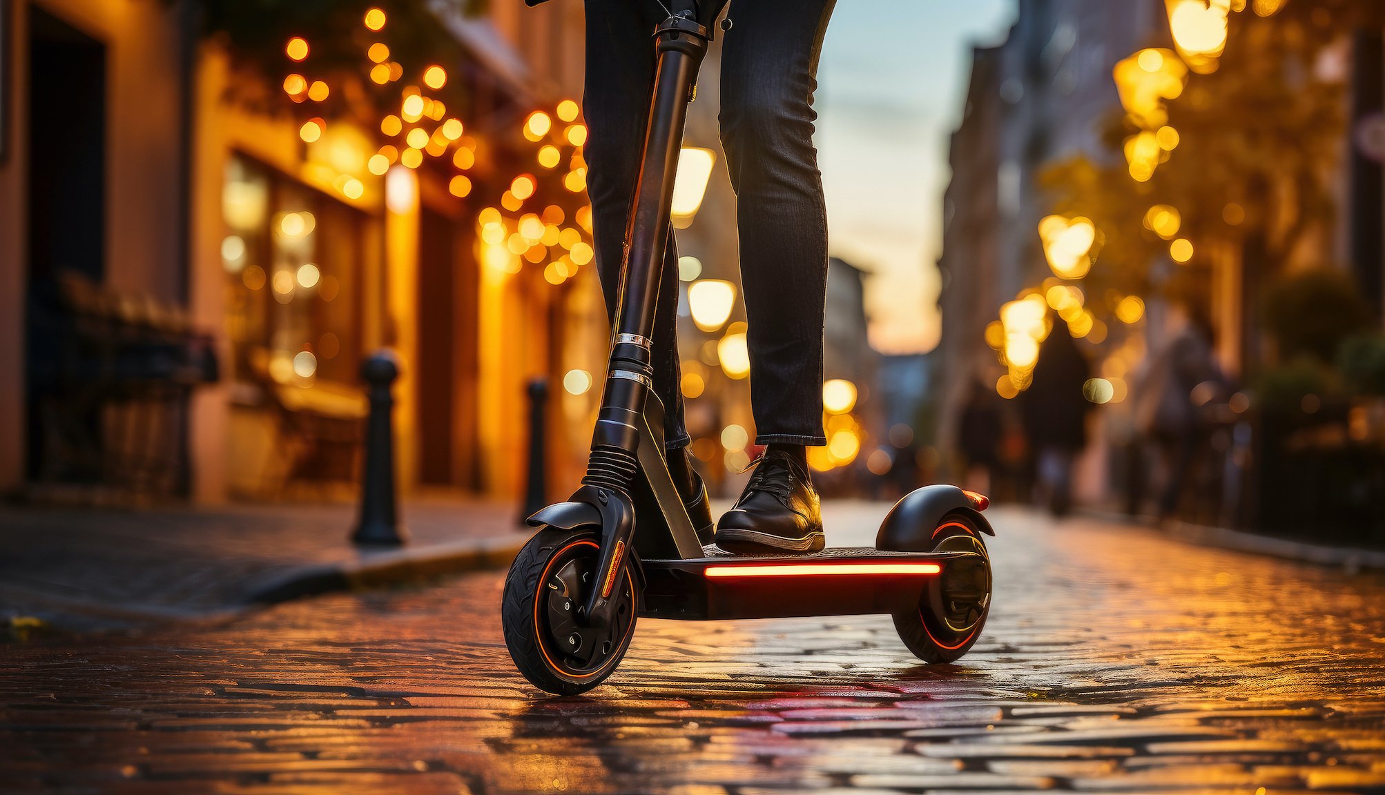 person driving an electric scooter in the city at night