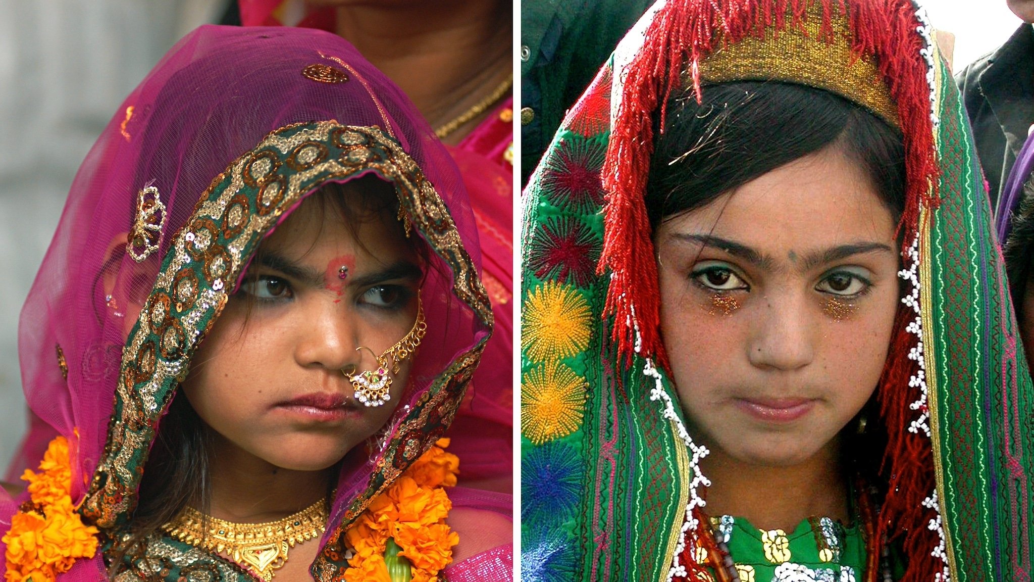 Brautschmuck 12-jähriger Mädchen bei Hochzeiten in Indien (links) bzw. Afghanistan (rechts)