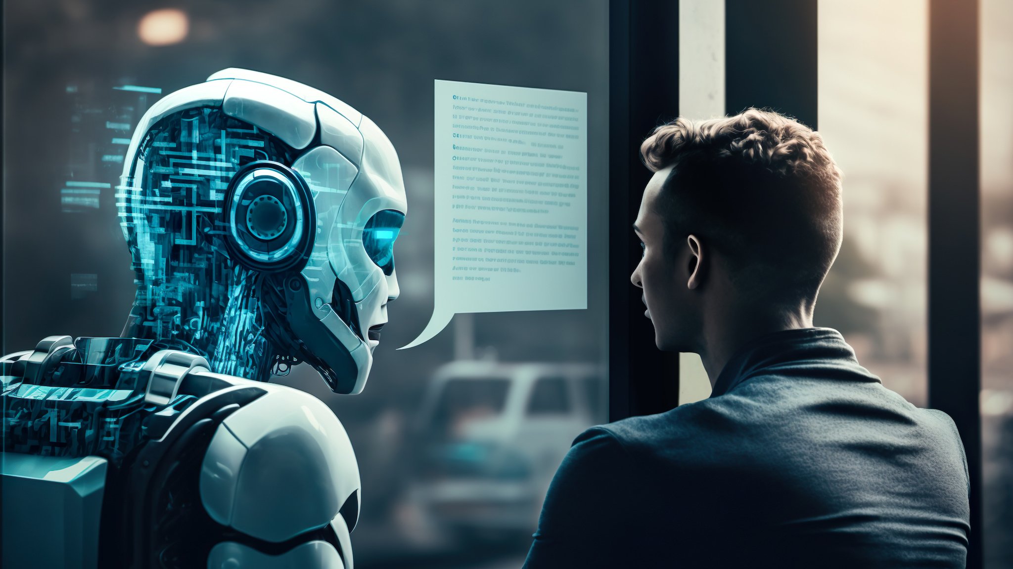 Symbolbild Künstliche Intelligenz: Roboter tauscht sich mit Person aus