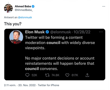 Twitterpost von Ahmed Baba an Elon Musk