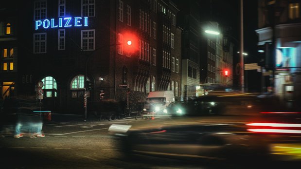 Schild einer Polizeiwache in St. Pauli, Hamburg, mit Autoverkehr auf der Straße.