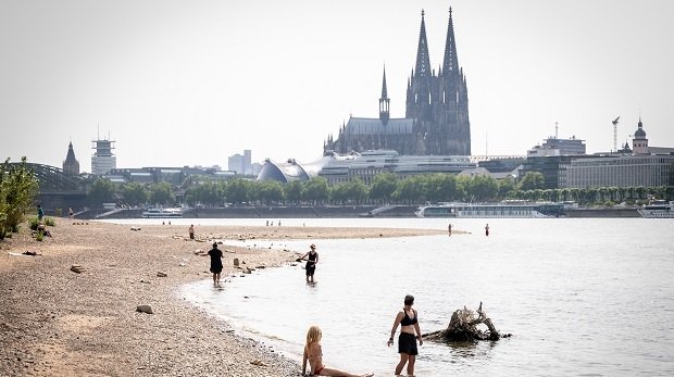 Zahlreiche Menschen kühlen sich im Rhein ab.