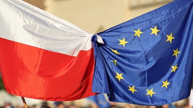 Die Flagge der EU und Polens aneinandergebunden