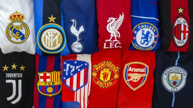 Trikots und Logos der an der geplanten Super League beteiligten Vereine