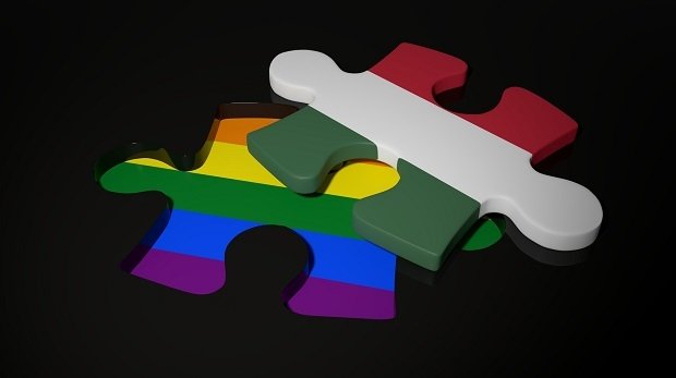 Puzzleteile einer Regenbogen und ungarische Flagge