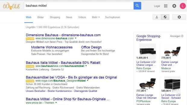 Ergebnisse einer google-Suche zum Thema "Bauhaus Möbel" (stand 06.11.2015)