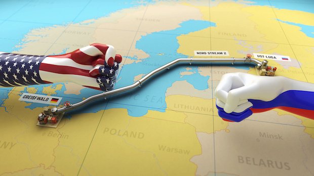 Eine Karte mit einem Modell von Nord Stream 2.