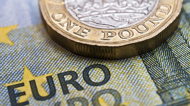 Ein-Pfund-Münze auf einem FÜnf-Euro-Schein