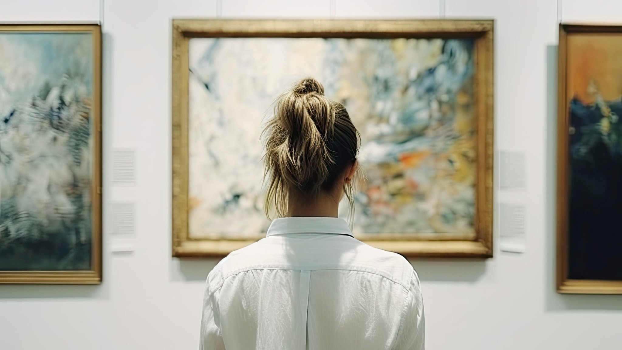 Eine Frau betrachtet Gemälde in einem Museum