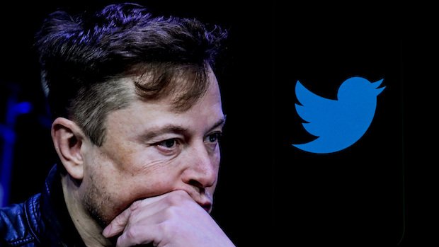 Elon Musk in Denkerpose mit Twitter-Logo