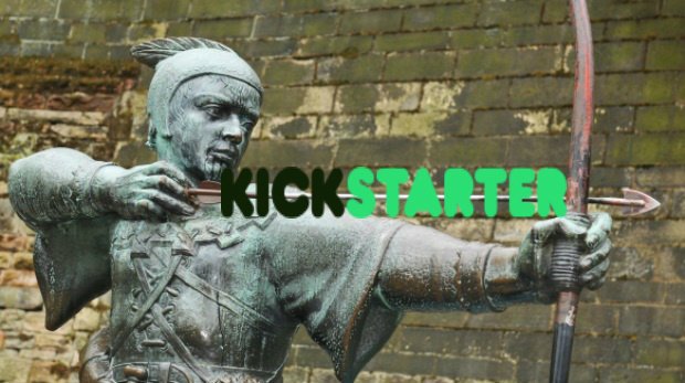 Stautue von Robin Hood in Nottingham mit Logo des Crowdfunding-Unternehmens "Kickstarter"