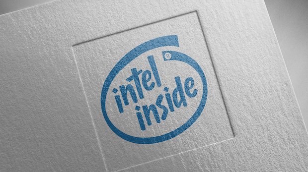 Logo "intel inside", das auf vielen Computern zu finden ist. Hier auf Kartonpapier gedruckt.
