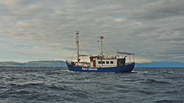 Die "Mare Liberum", das Schiff der gleichnamigen NGO in der nördlichen Ägäis, wo sie nahe der Grenze zur Türkei Menschenrechtsbeobachtungen betreibt.