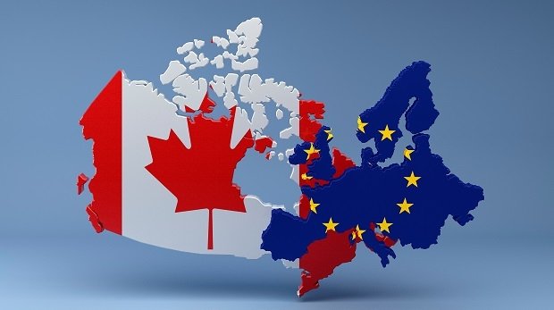 Eine Illustration mit Flaggen und Kontinenten von EU und Kanada