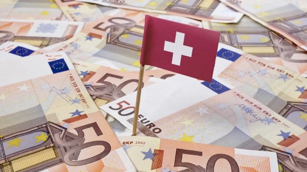 Schweizer Flagge und 50-Euro-Scheinen
