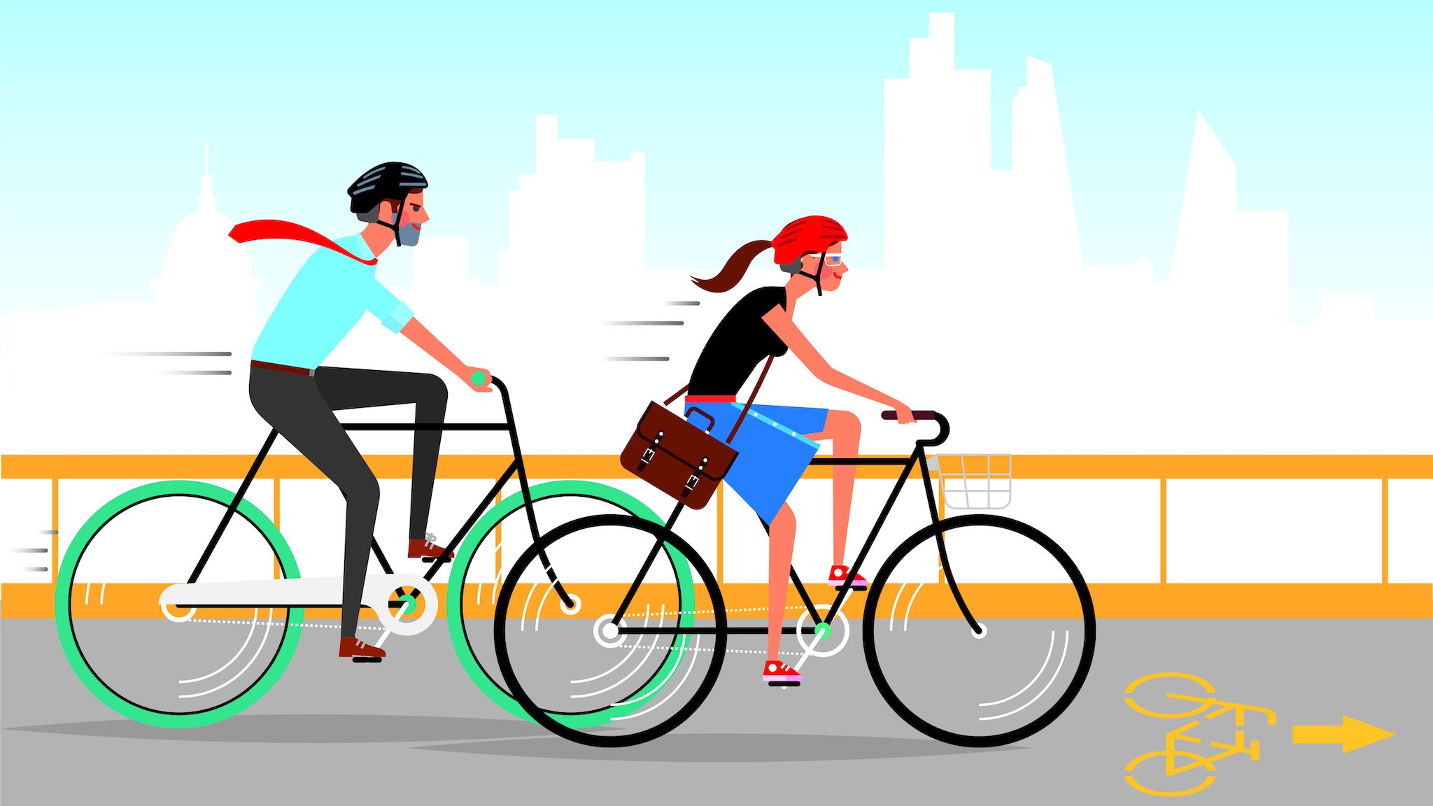 Illustration: Frau und Mann auf Fahrrädern auf dem Weg zur Arbeit