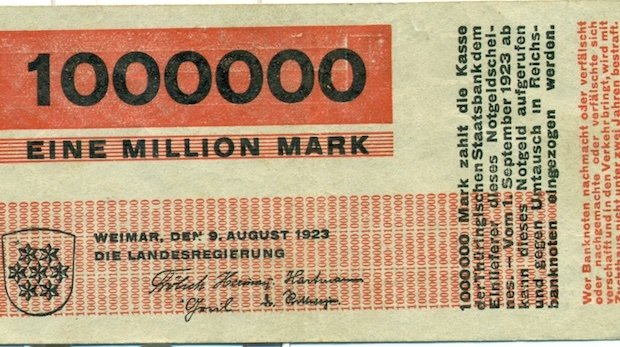 Notgeld aus Weimar (Thüringen) in Höhe von einer Million Mark aus dem Jahr 1923, gestaltet von Herbert Bayer