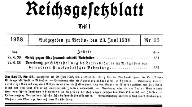 Scan aus dem Deutschen Reichsgesetzblatt 1938, Teil 1.