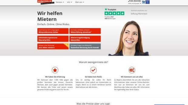 Screenshot der Startseite der Website www.wenigermiete.de