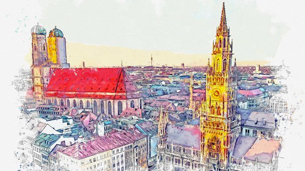 München Skyline Skizze Wasserfarben