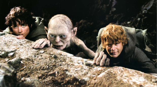 Der Herr der Ringe: Die Rückkehr des Königs. Elijah Wood als Frodo, Andy Serkins als Gollum und Sean Astin als Sam. New Line Cinema 2003