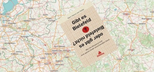 Collage mit Buchcover: "Gibt es Bielefeld oder gibt es Bielefeld nicht?"